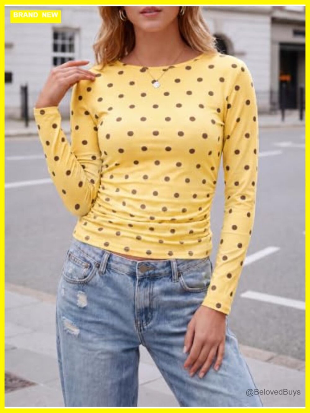 Women's Polka Dot Long Sleeve Boat Neck Slim Fit T-Shirt Soft Stretch Knit - Picture 3 of 5